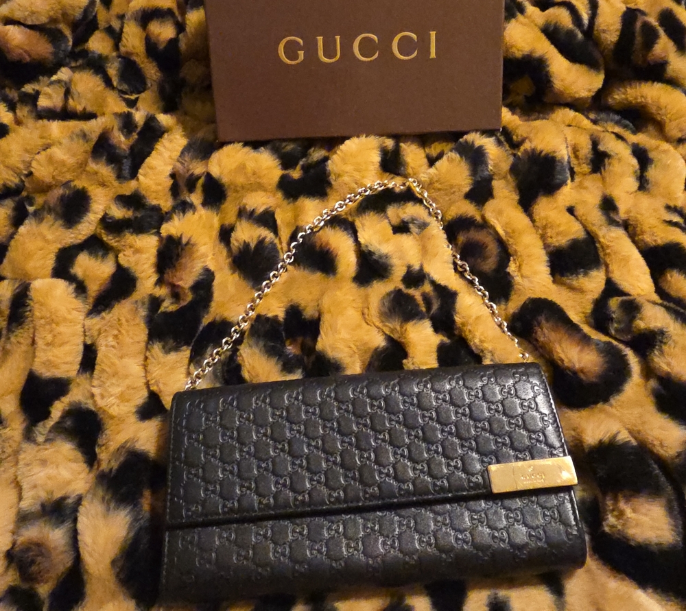 Gucci Black Embossed Leather Chain Wallet with Gold Plaque